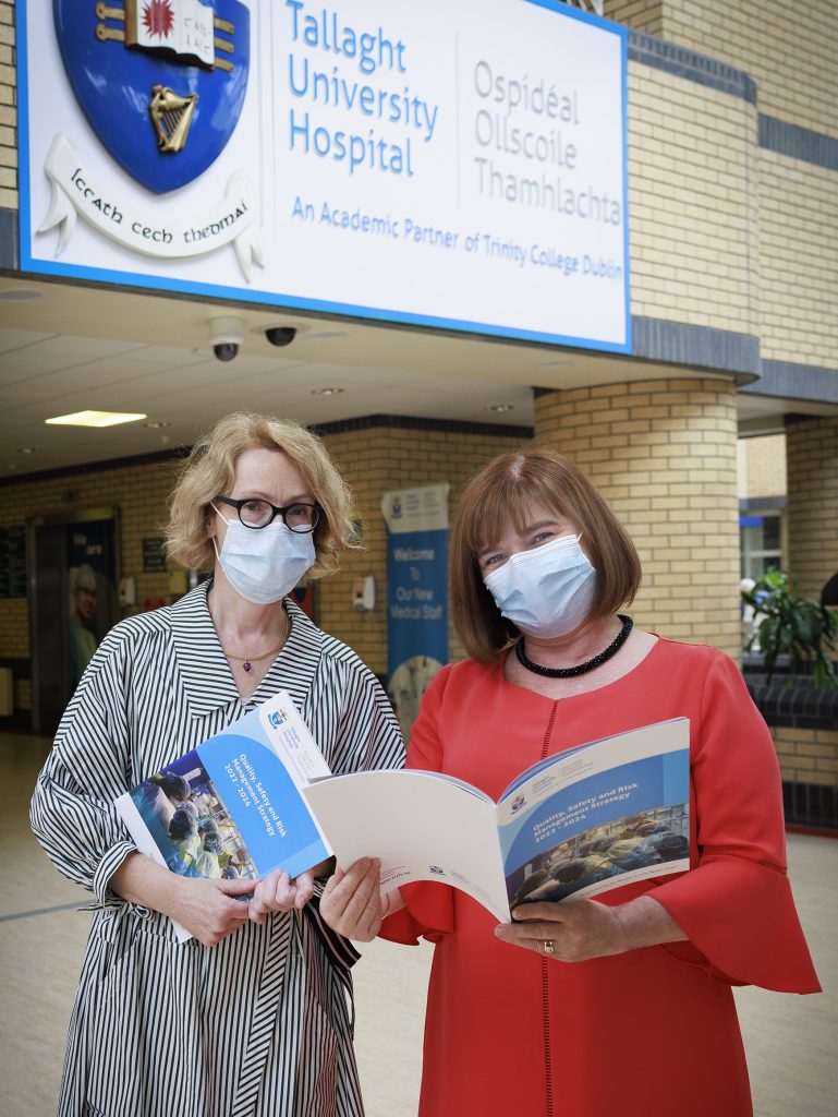Pictured from left to right following the publication of the Quality, Safety & Risk Management Strategy were Professor Catherine Wall, Director of QSRM & Consultant Nephrologist with Ms. Lucy Nugent, Chief Executive of TUH