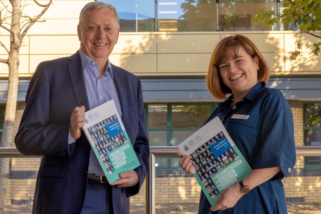 Pictured from left to right at the launch of the 2021 Annual Report were  Liam Dowdall, Chairman of the TUH Board and Lucy Nugent, Chief Executive of TUH