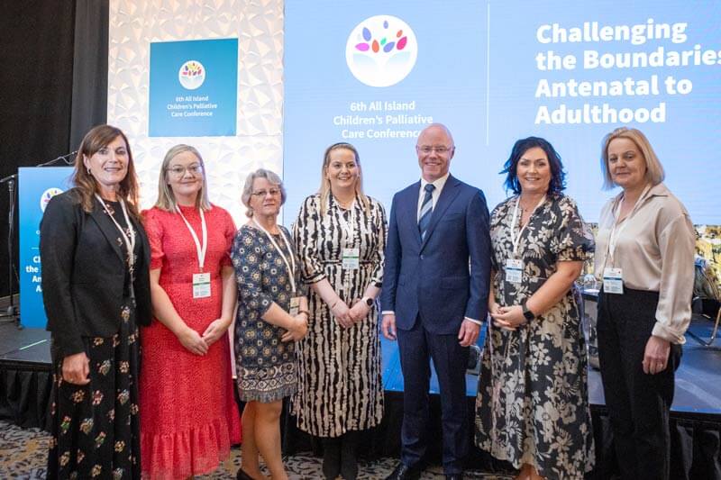 Pictured at the 6th All Island Children’s Palliative Care Conference in Portlaoise are Dee Hickson (CNM3 Roscommon Palliative Care Team), Tina Kenny (Clinical Nurse Co-Ordinator Roscommon), Ursula Donoghue (Roscommon Community Palliative Care), Sarah Banaghan (Roscommon Community Palliative Care), Minister for Health Stephen Donnelly, Martina Jennings (CEO Mayo Roscommon Hospice Foundation) and Catherine Bannister (Senior Social Worker Roscommon Community Palliative Care). Photo by Joe Conroy